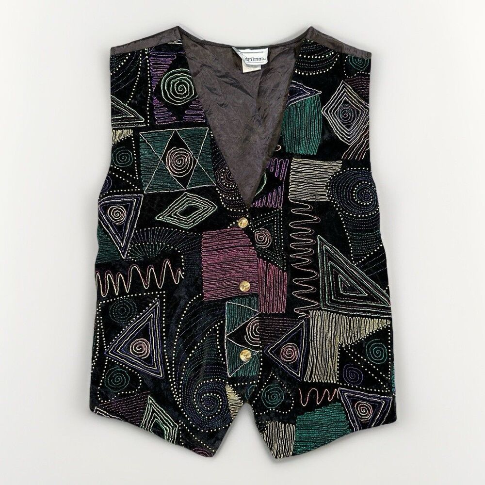 VTG Fireplace Black Velvet Vest 90s Abstract Geometric Art Deco Style M/L